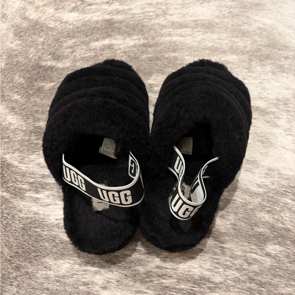 UGG Shoes - UGG Black Fluffy Slippers with Logo